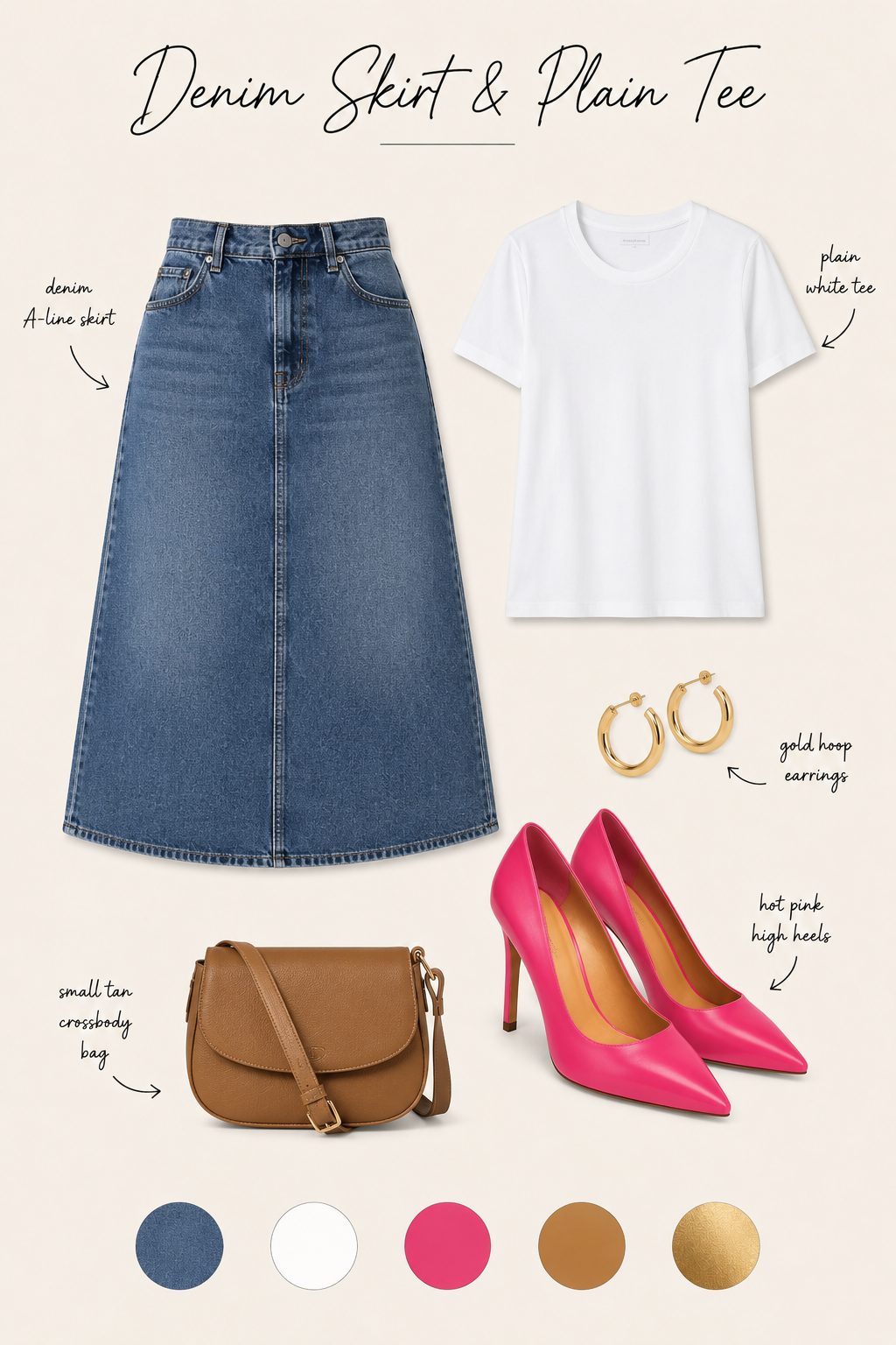 Denim skirt and a plain tee with hot pink heels collage