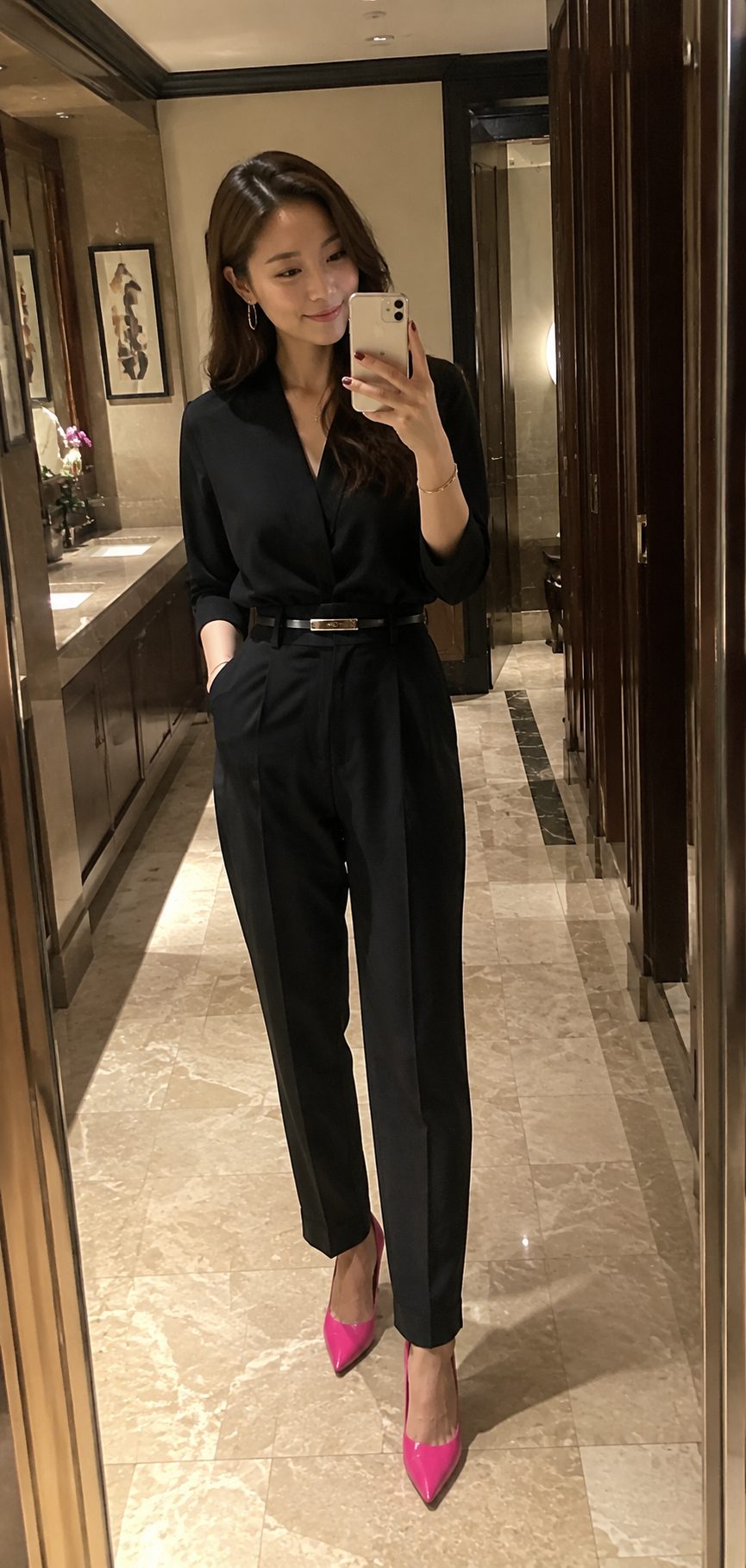 Black jumpsuit with hot pink heels