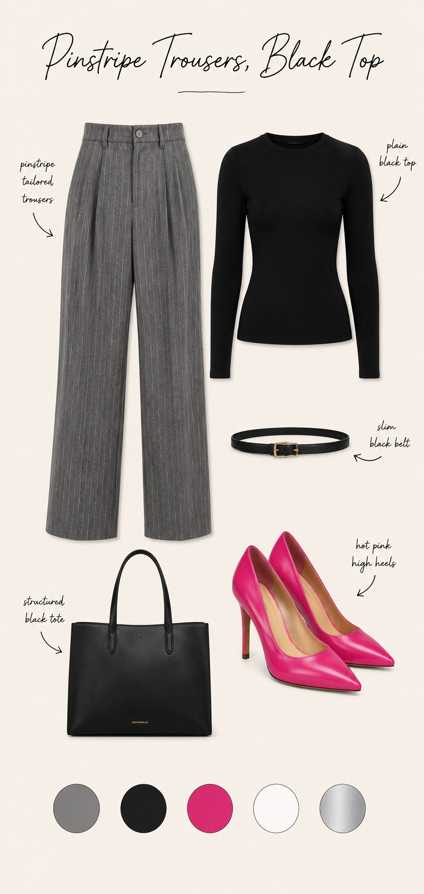 Pinstripe trousers with a black top and hot pink heels collage