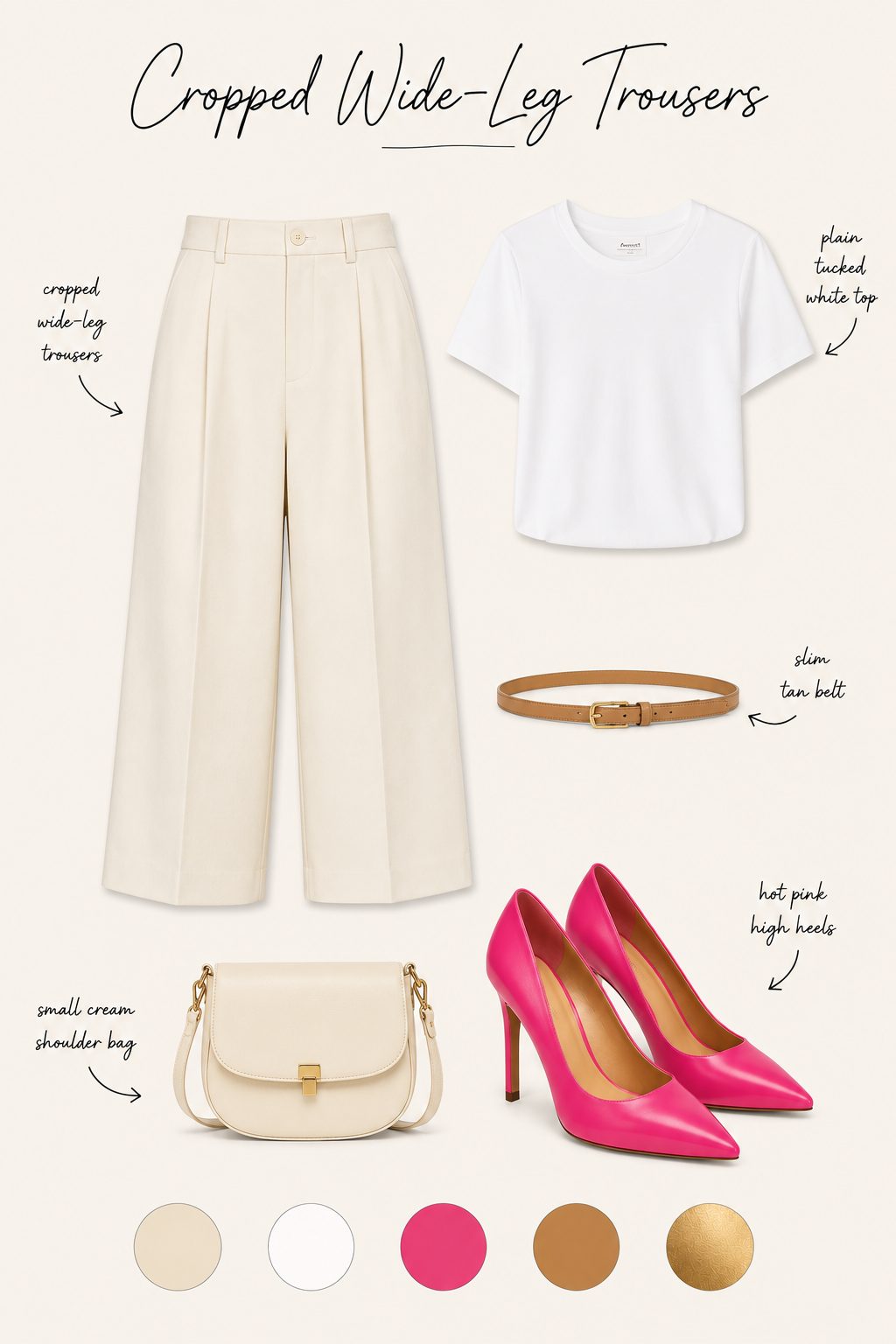 Cropped wide-leg trousers with hot pink heels collage