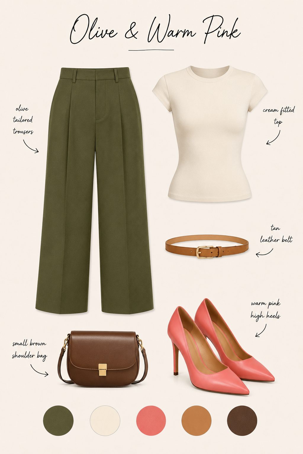 Olive trousers with warm pink heels collage