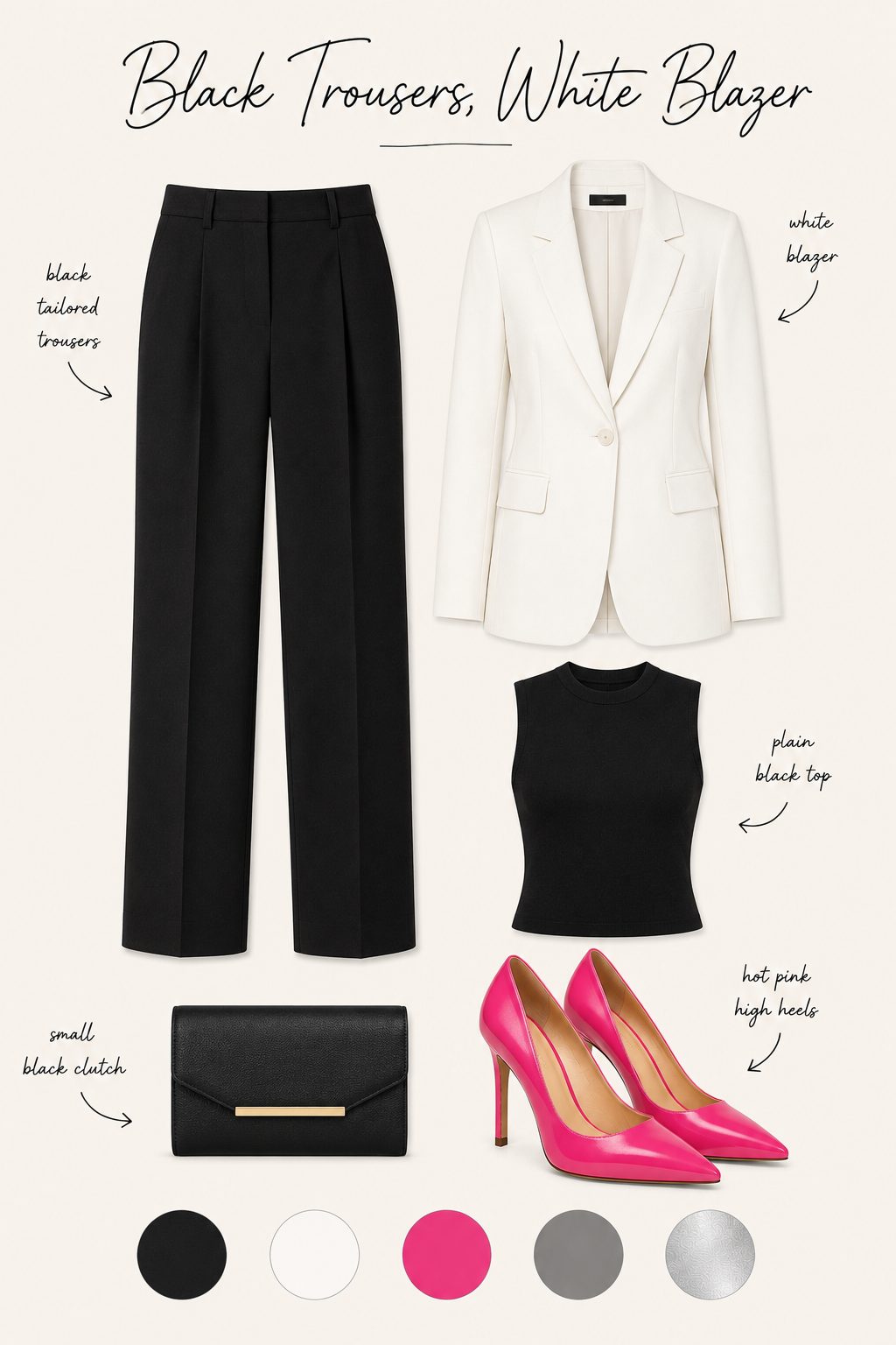 Black trousers and a white blazer with hot pink heels collage