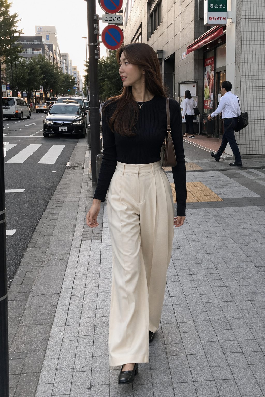 High-Waisted Pleated Trousers with a Tucked Blouse