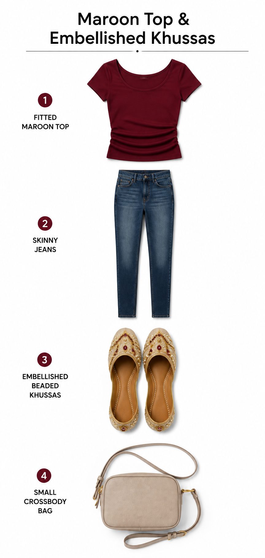 Maroon Top and Skinny Jeans with Embellished Khussas