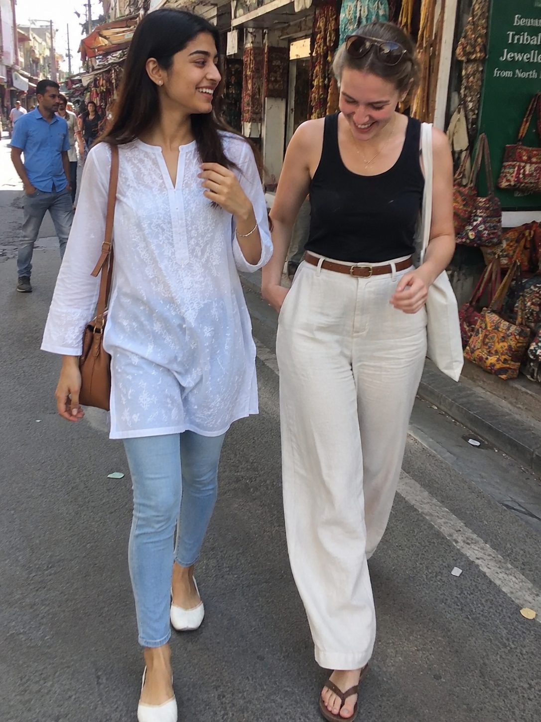 White Chikankari Kurti and Jeans with Plain White Khussas