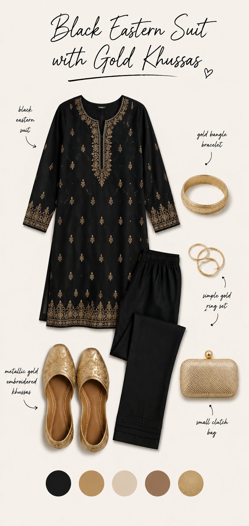 Black Eastern Suit with Metallic Gold Khussas