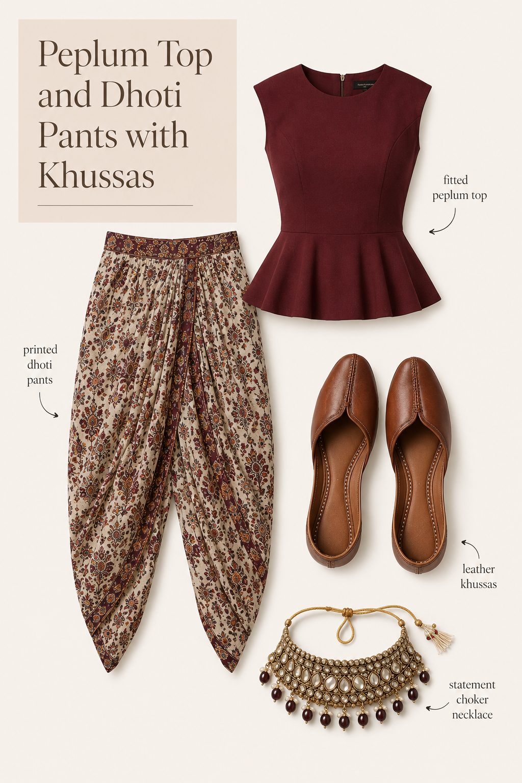 Peplum Top and Printed Dhoti Pants with Leather Khussas