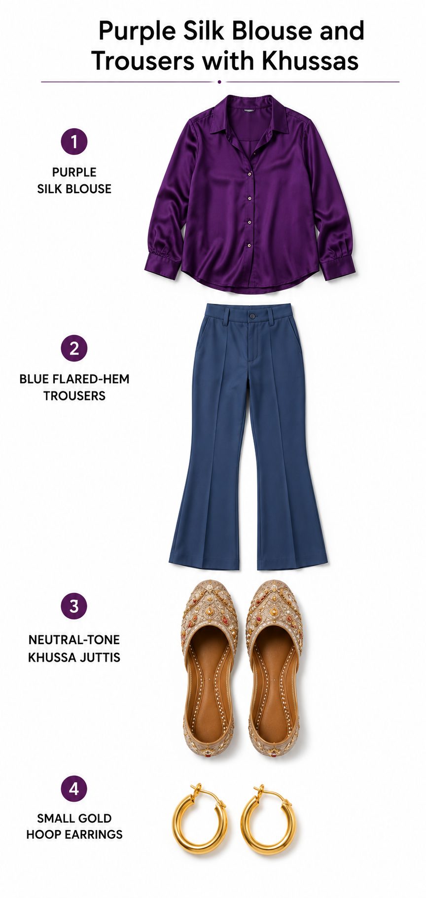 Purple Silk Blouse and Blue Flared-Hem Trousers with Khussa Juttis