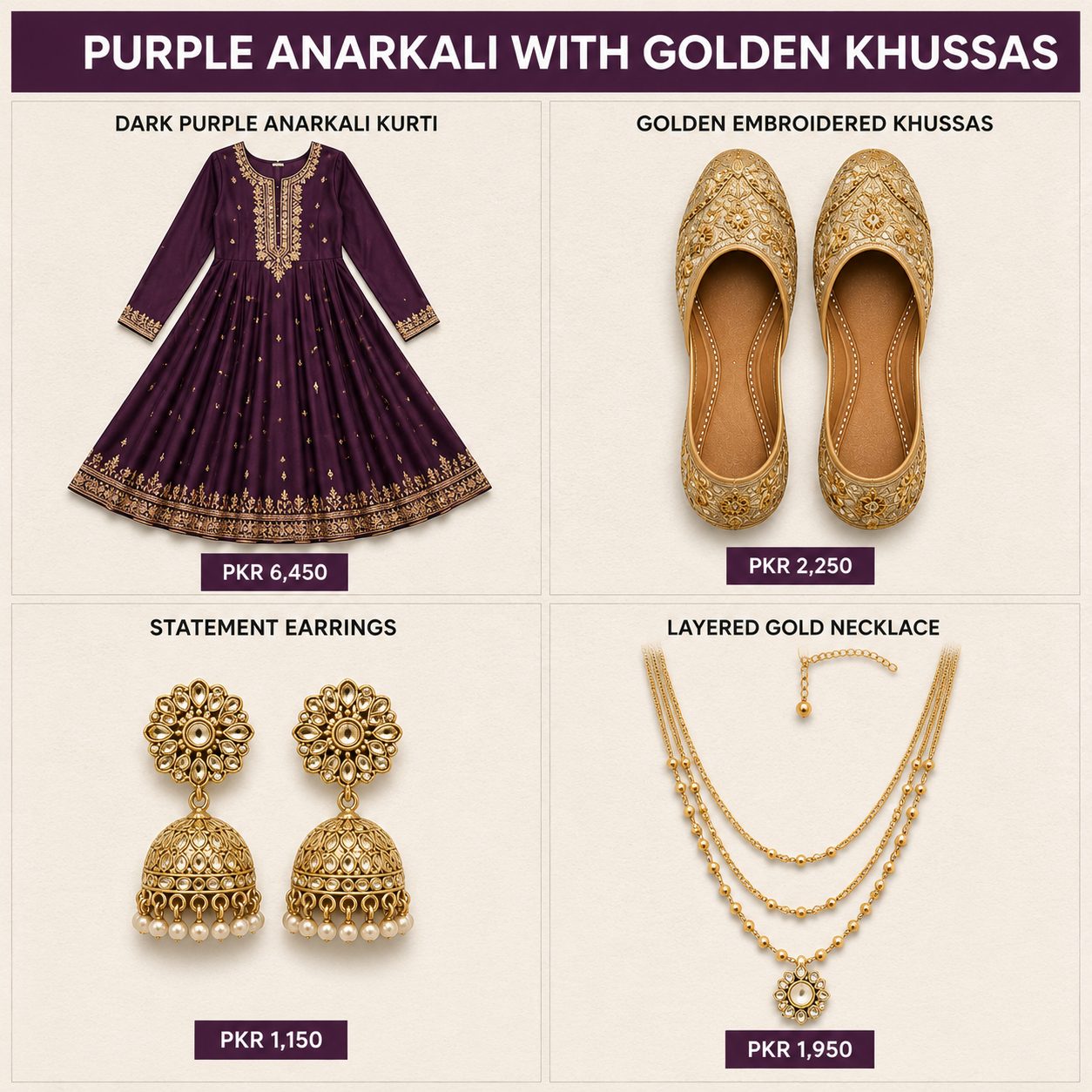 Dark Purple Anarkali Kurti with Golden Embroidered Khussas