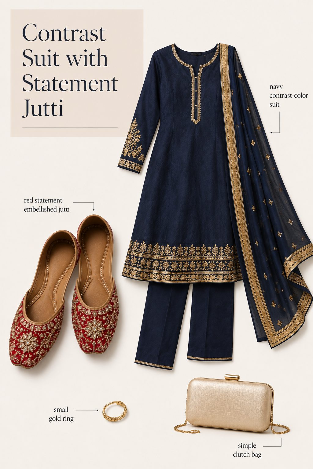 Contrast-Color Suit with a Statement Embellished Jutti