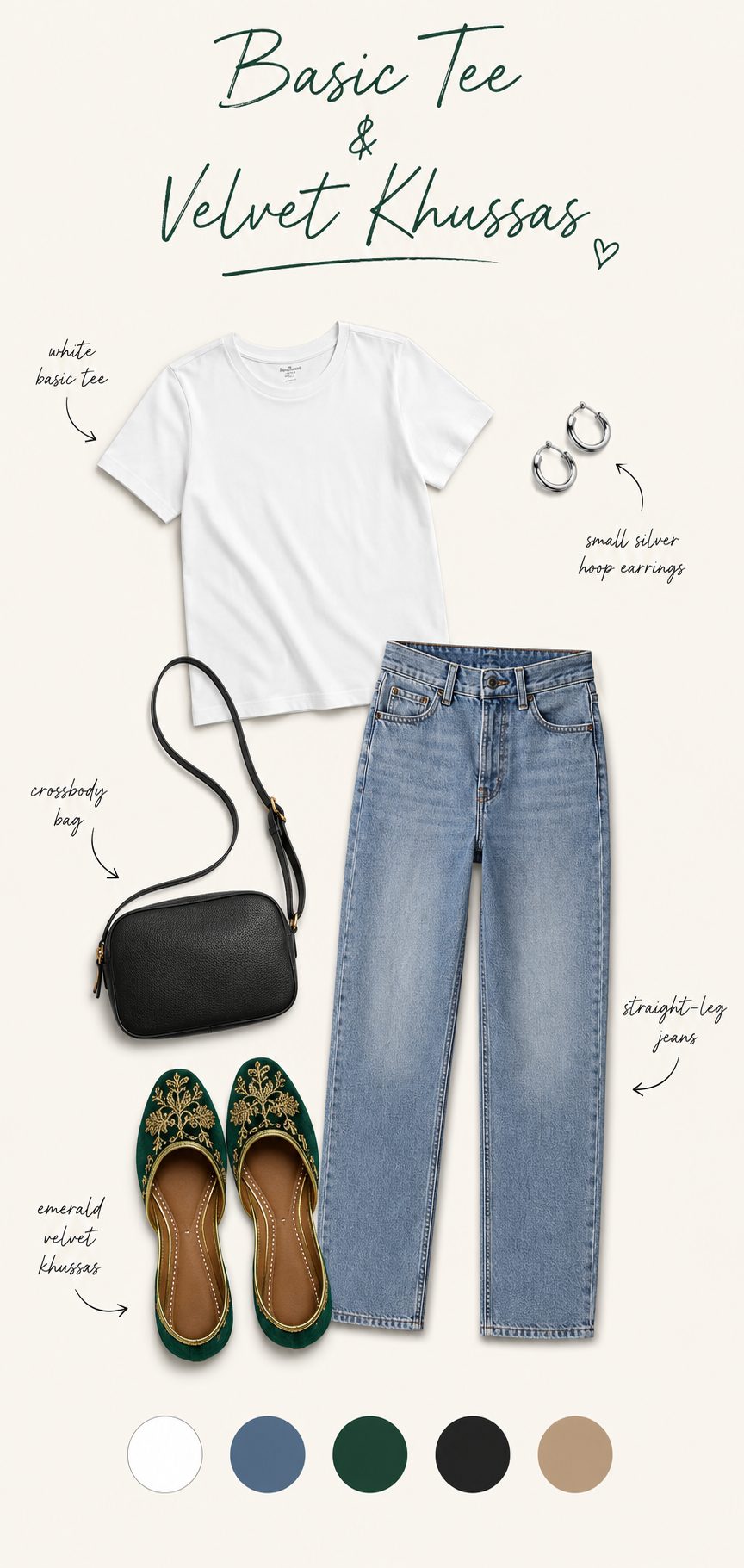 Basic White Tee and Straight-Leg Jeans with Velvet Khussas