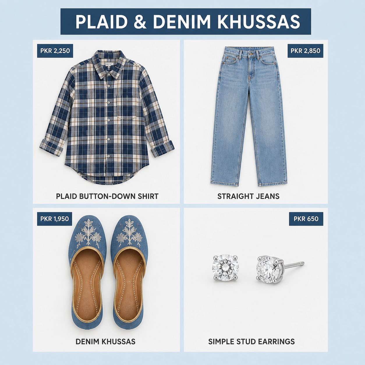 Plaid Button-Down Shirt and Jeans with Denim Khussas