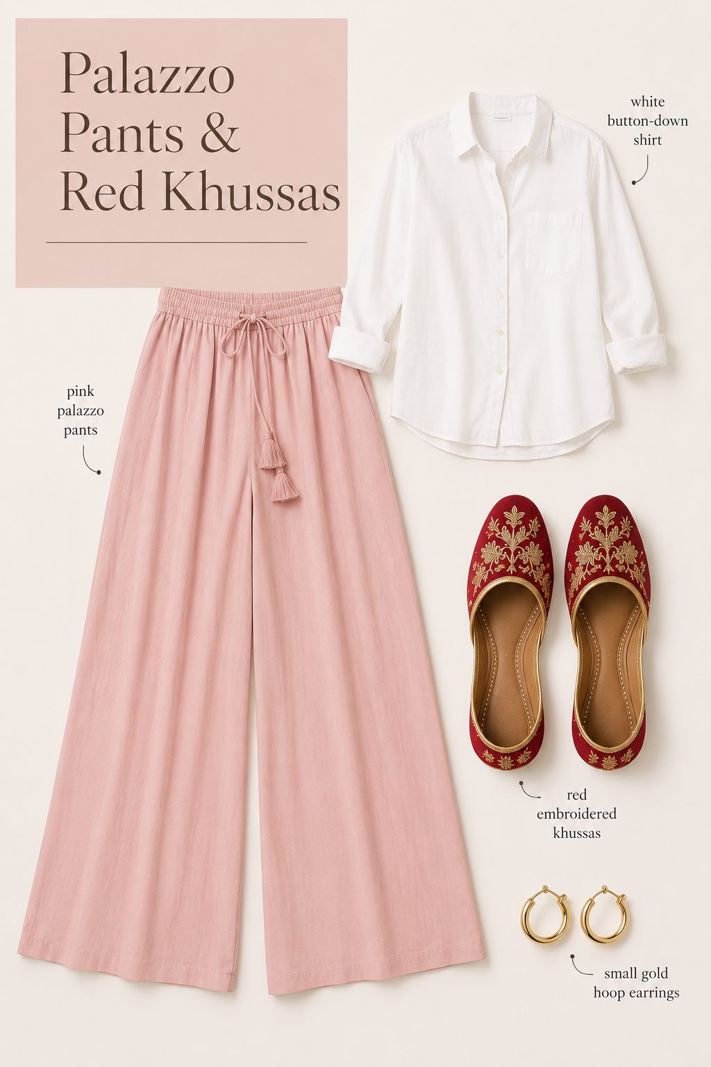 White Button-Down Shirt and Pink Palazzo Pants with Red Khussas