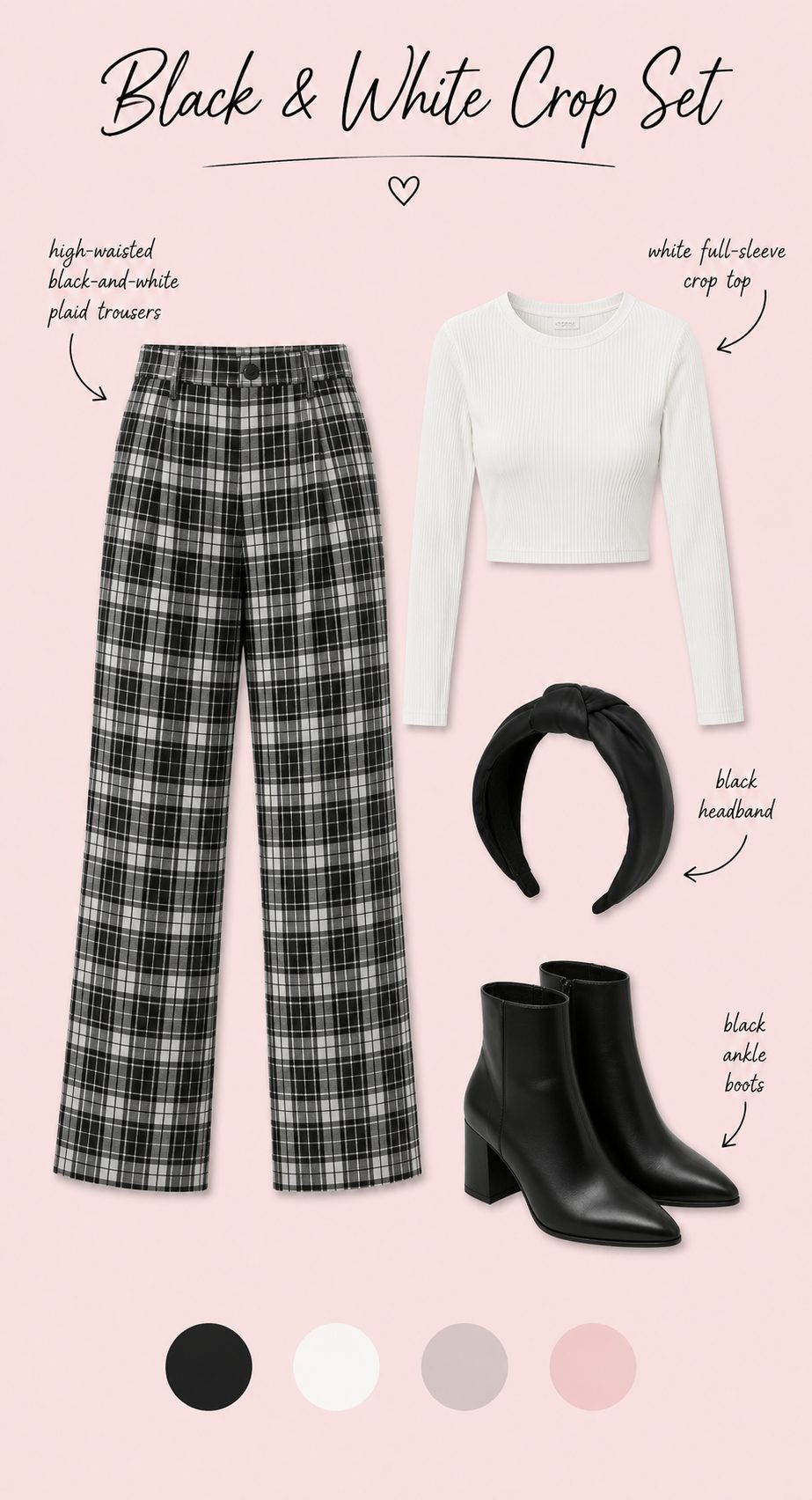 High-Waisted Black-and-White Plaid Pants with a White Crop Top