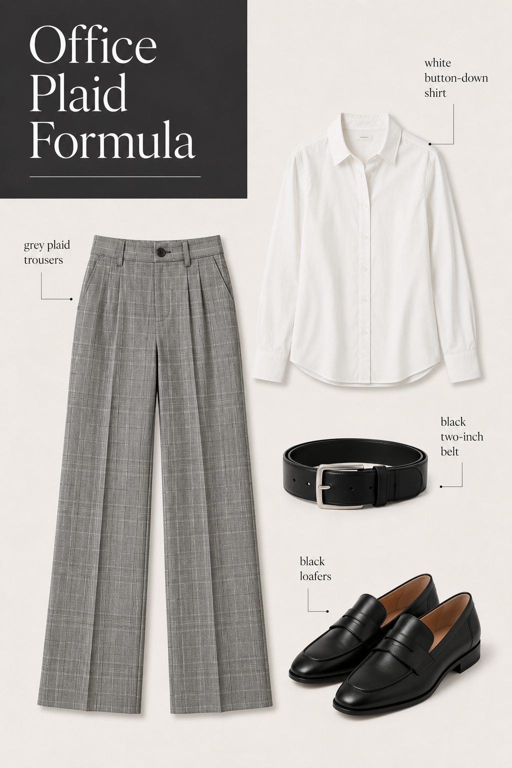 Grey Plaid Trousers with a White Button-Down and Wide Belt
