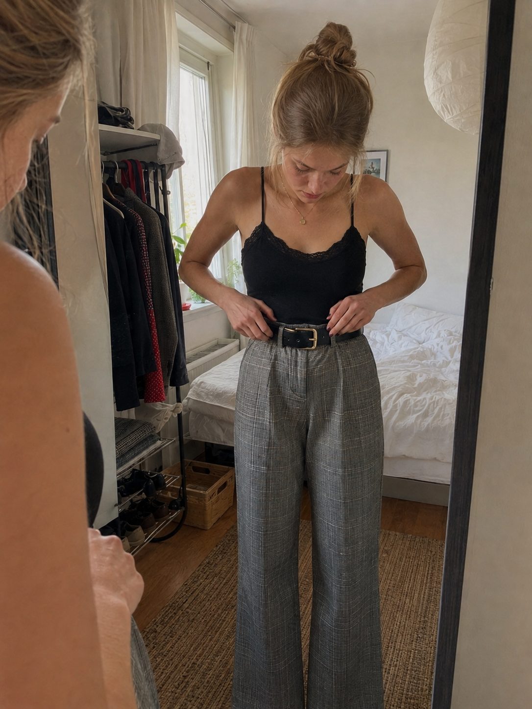 Use a Wide Belt to Anchor High-Waisted Plaid Pants
