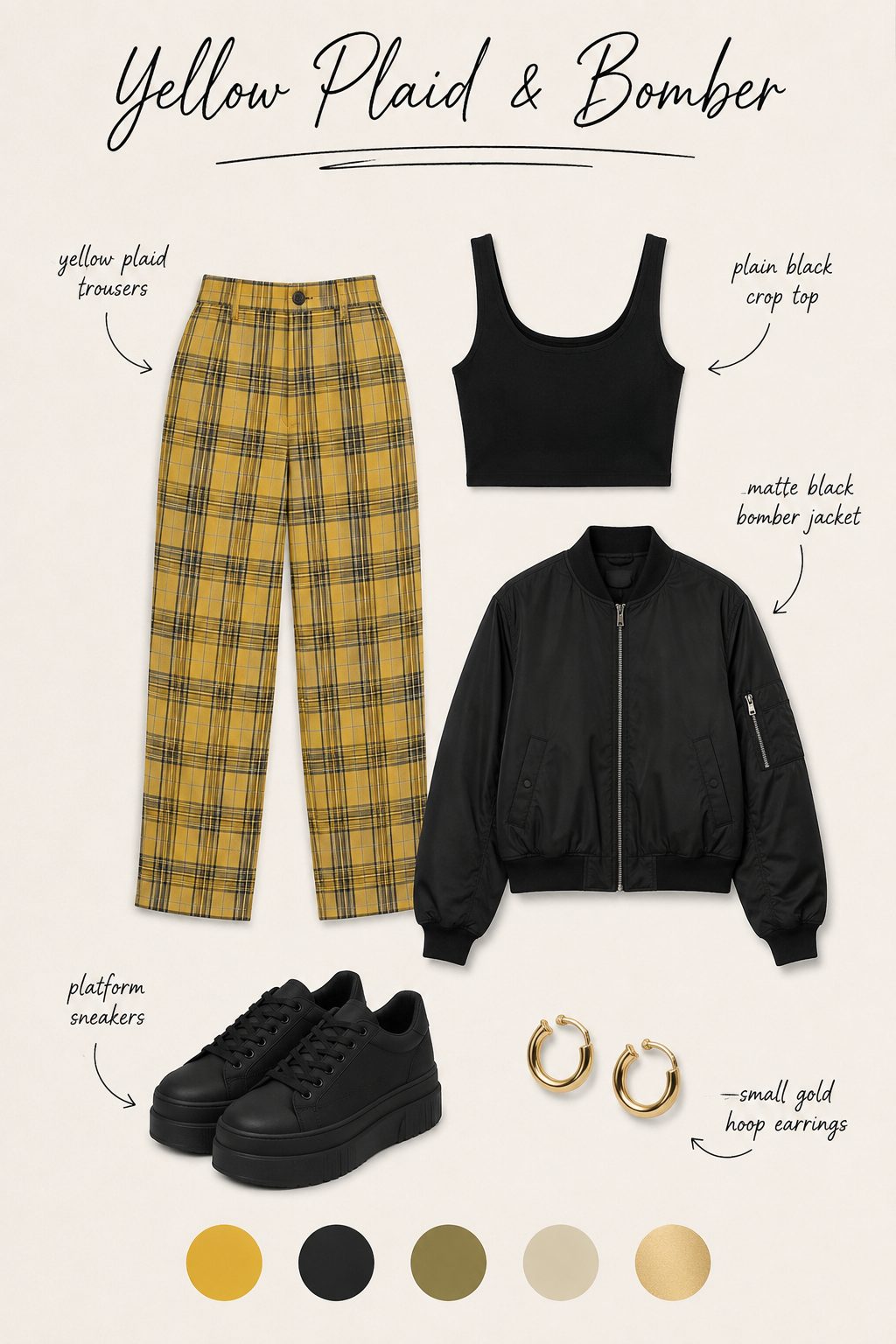 Yellow Plaid Pants with a Black Crop Top and Bomber Jacket