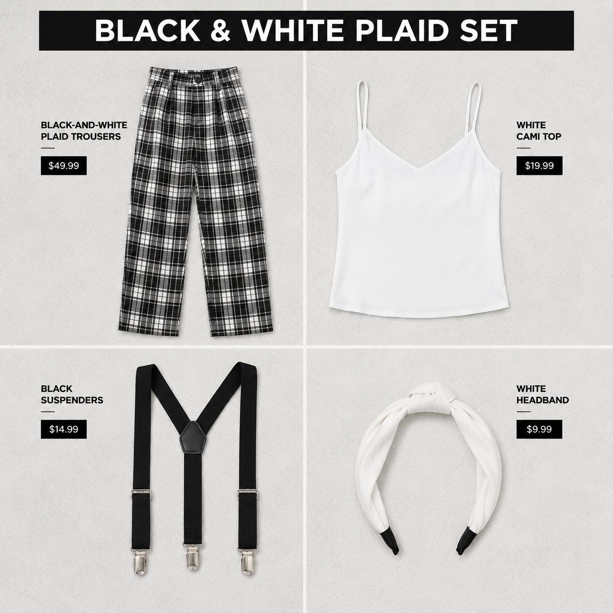 Black-and-White Plaid Trousers with a Cami Top and Suspenders