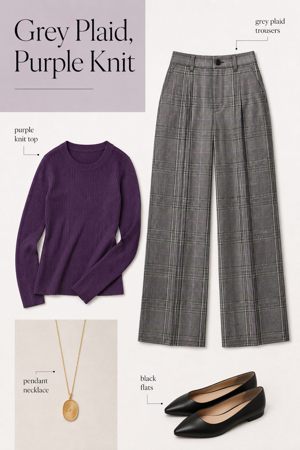 Grey Plaid Trousers with a Purple Knit Top