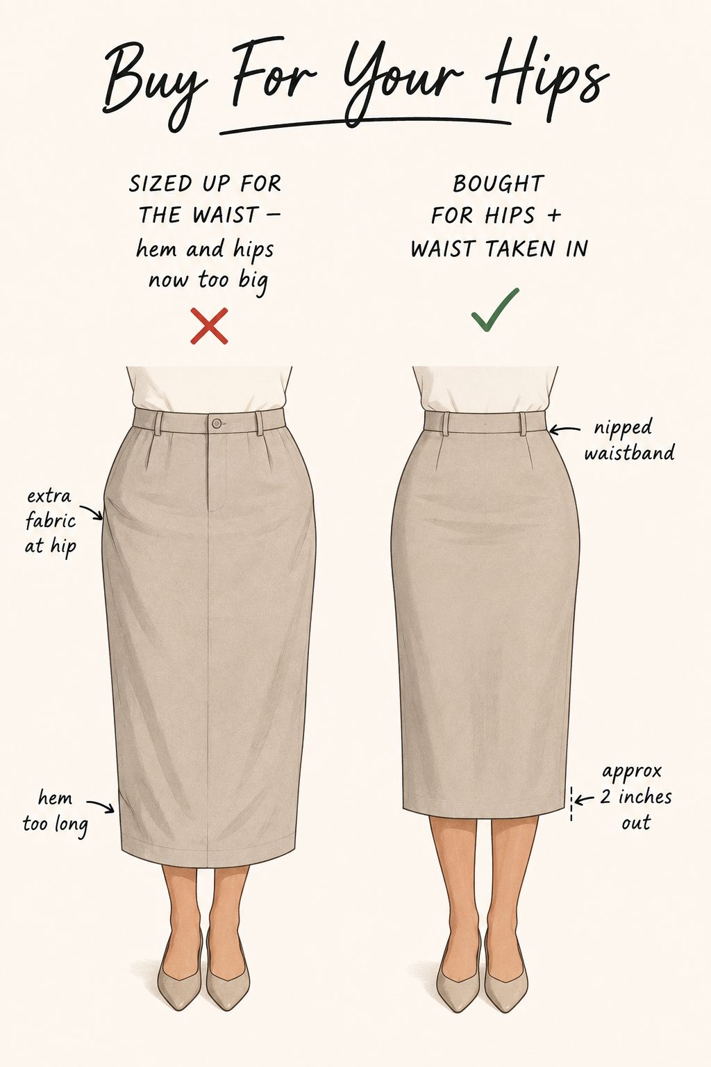 Buy for your hips, then have the waistband taken in