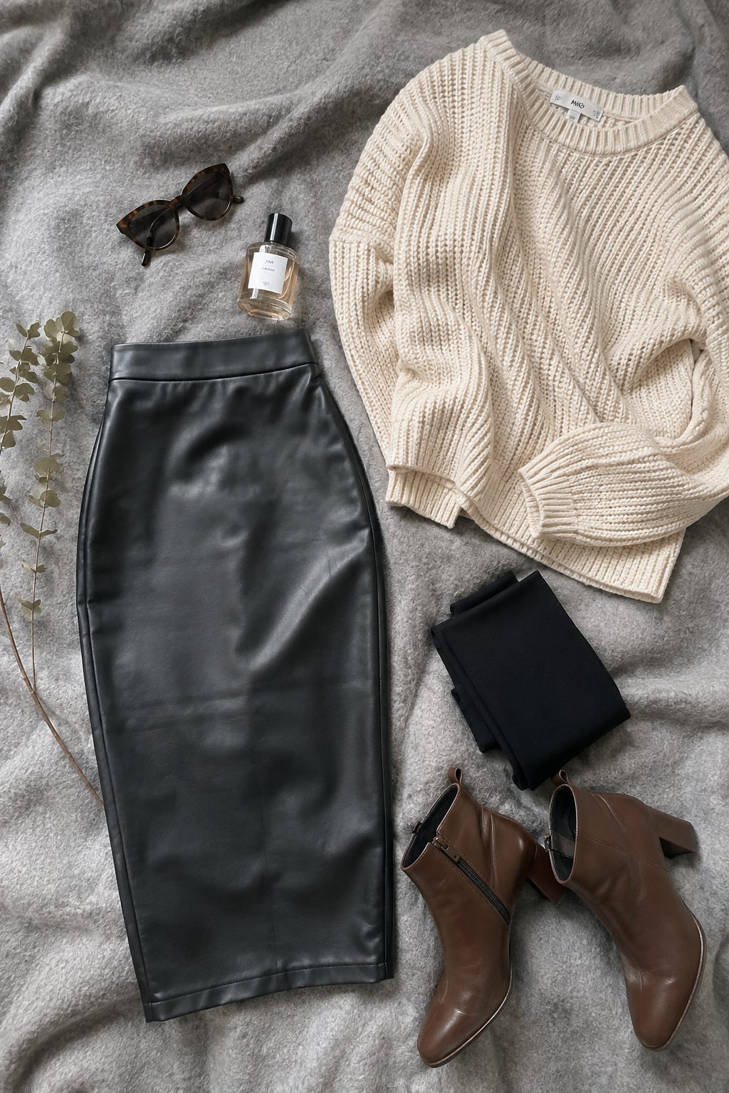 Leather pencil skirt with a chunky knit flat lay