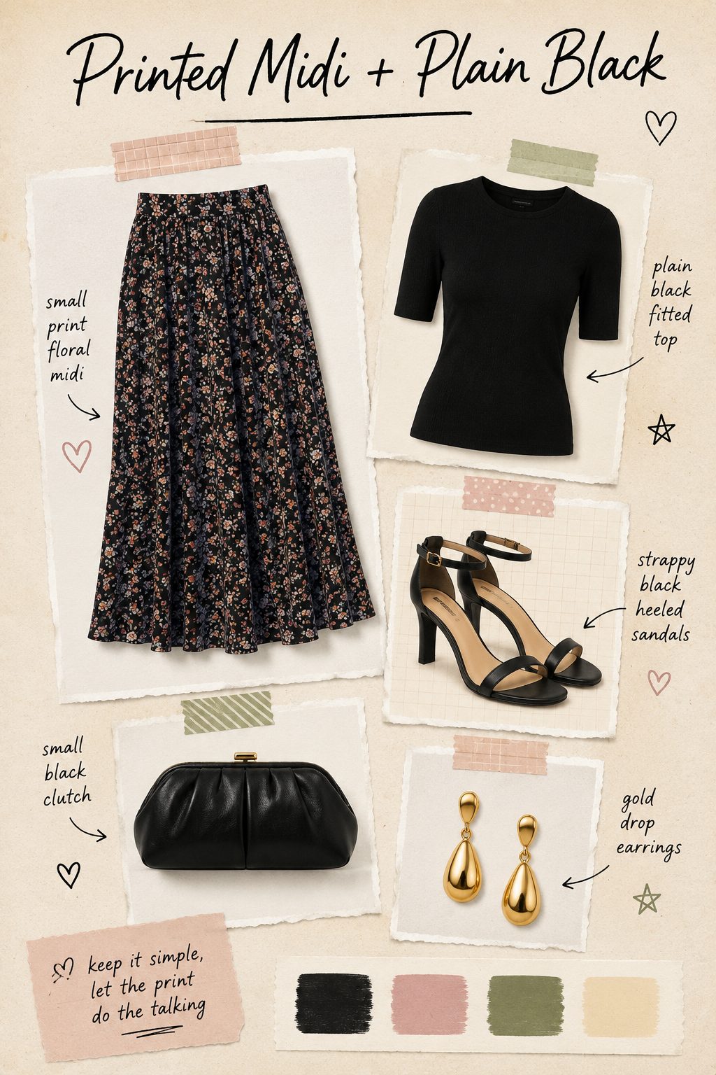 Printed midi with a plain black top scrapbook collage