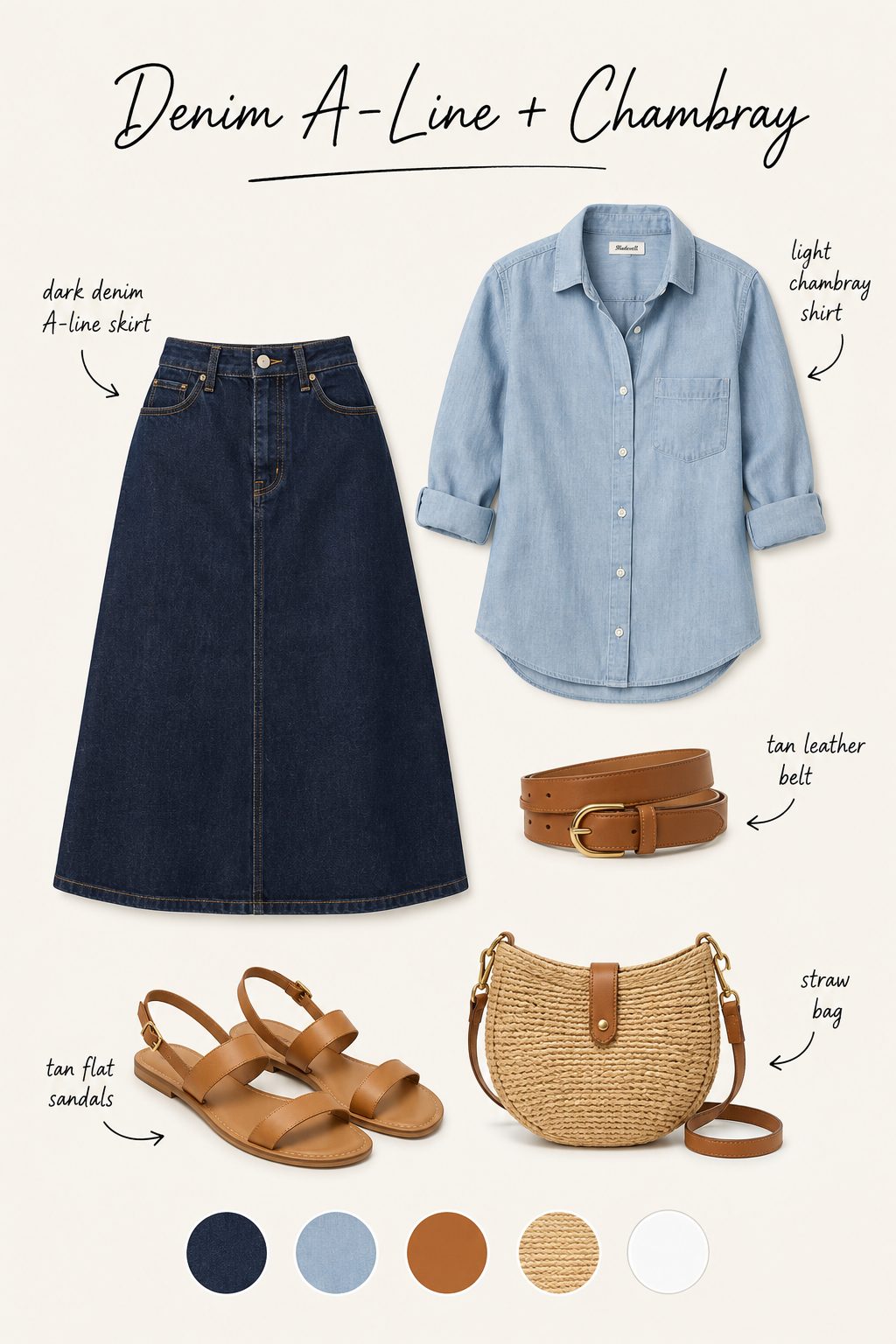 Denim A-line with a chambray shirt outfit collage