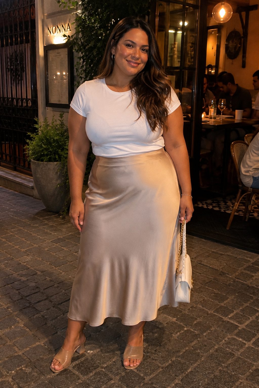 Satin slip skirt with a tucked tee