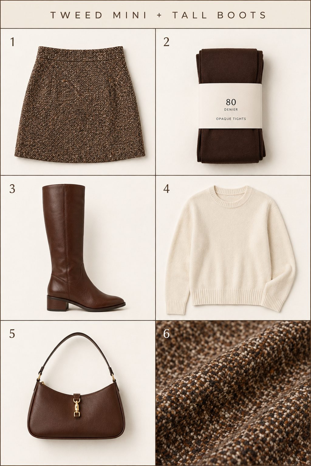 Tweed mini with opaque tights and tall boots outfit board