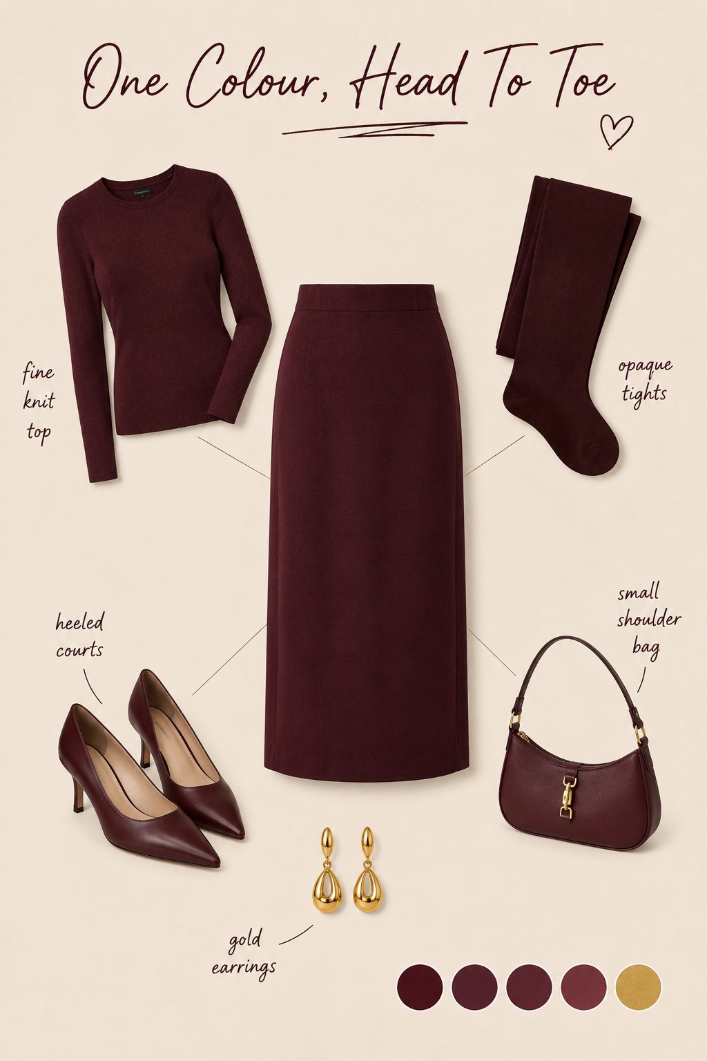 Column skirt in one colour head to toe outfit collage