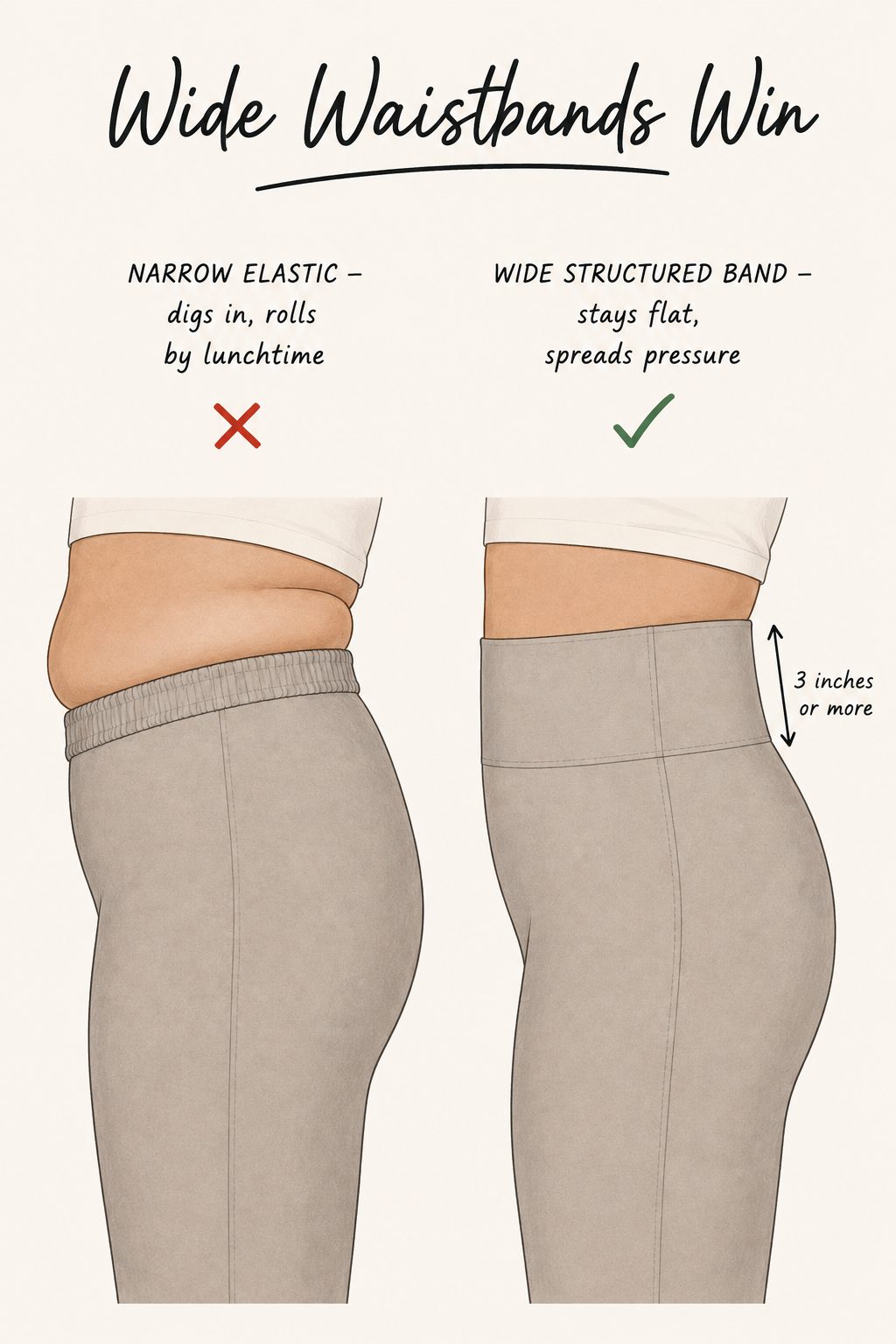 Wide structured waistbands stay flat, narrow elastic rolls