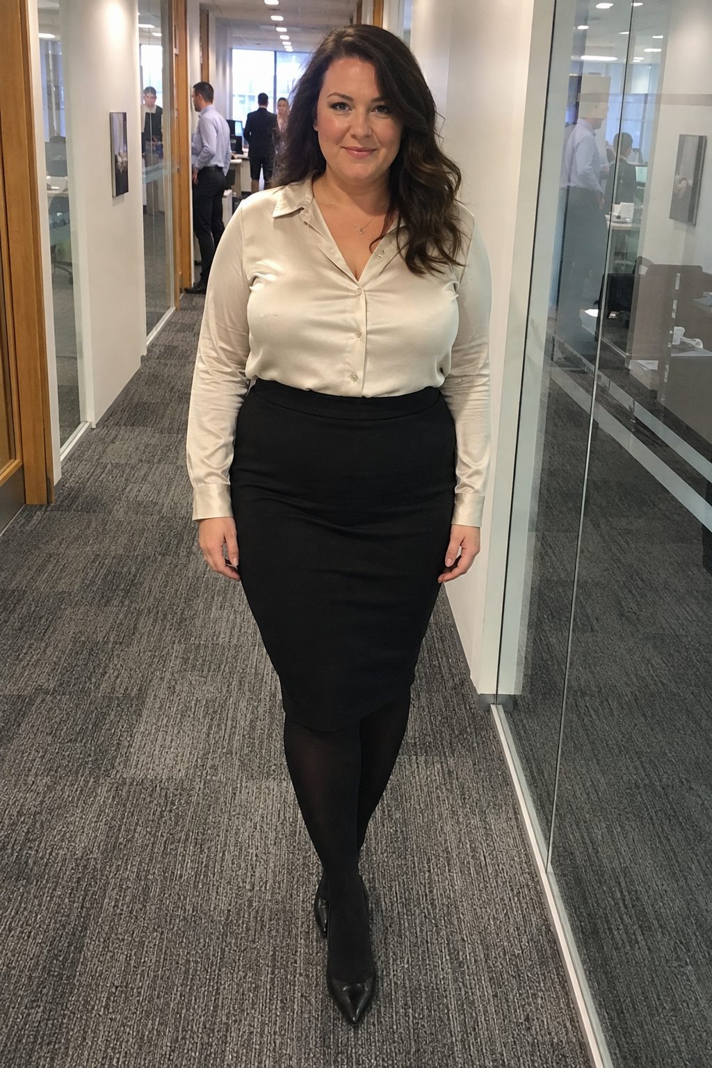 Pencil skirt with a tucked silk shirt