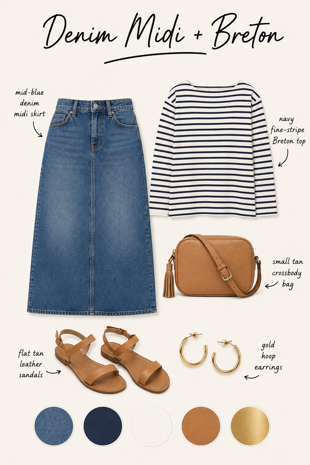 Denim midi skirt with a Breton top outfit collage