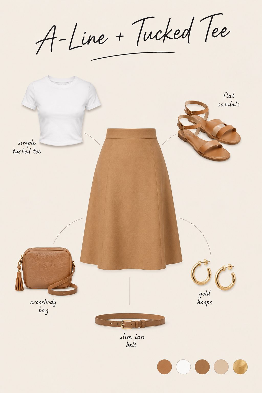 A-line skirt with a tucked white tee outfit collage