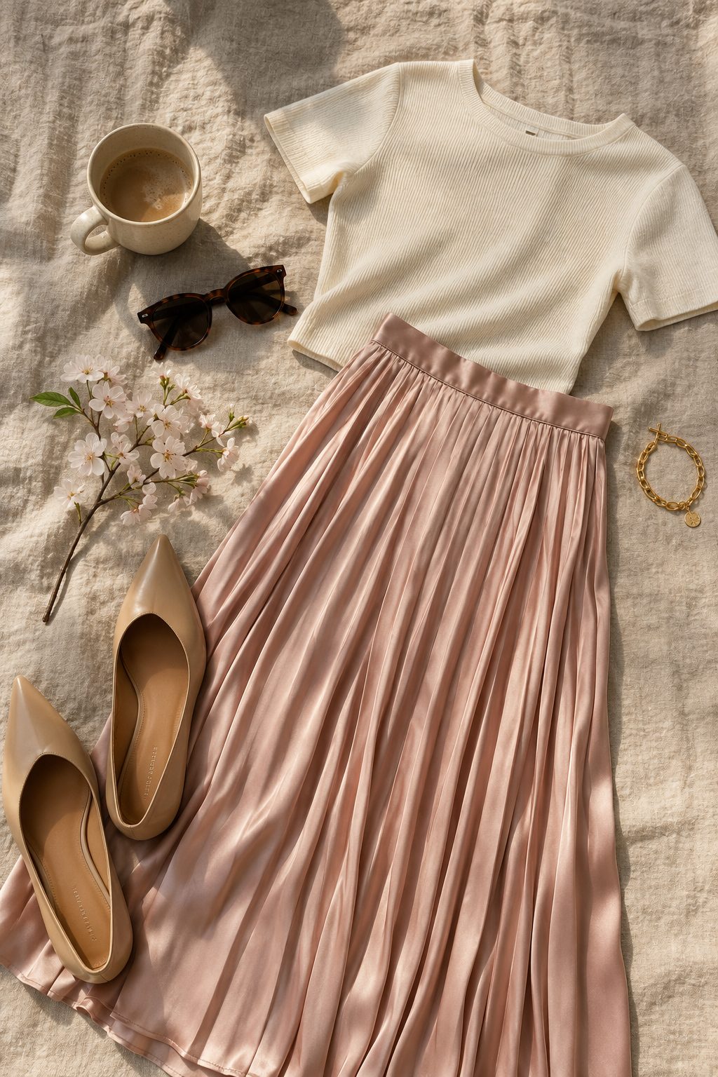 Pleated midi skirt with a fitted knit flat lay