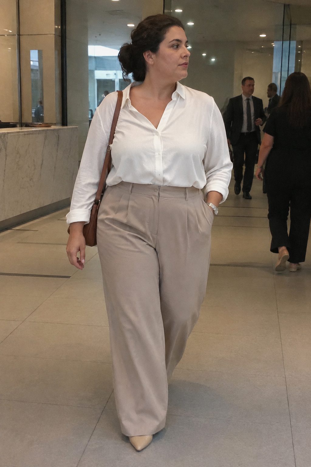 Wide-leg trousers with a tucked blouse