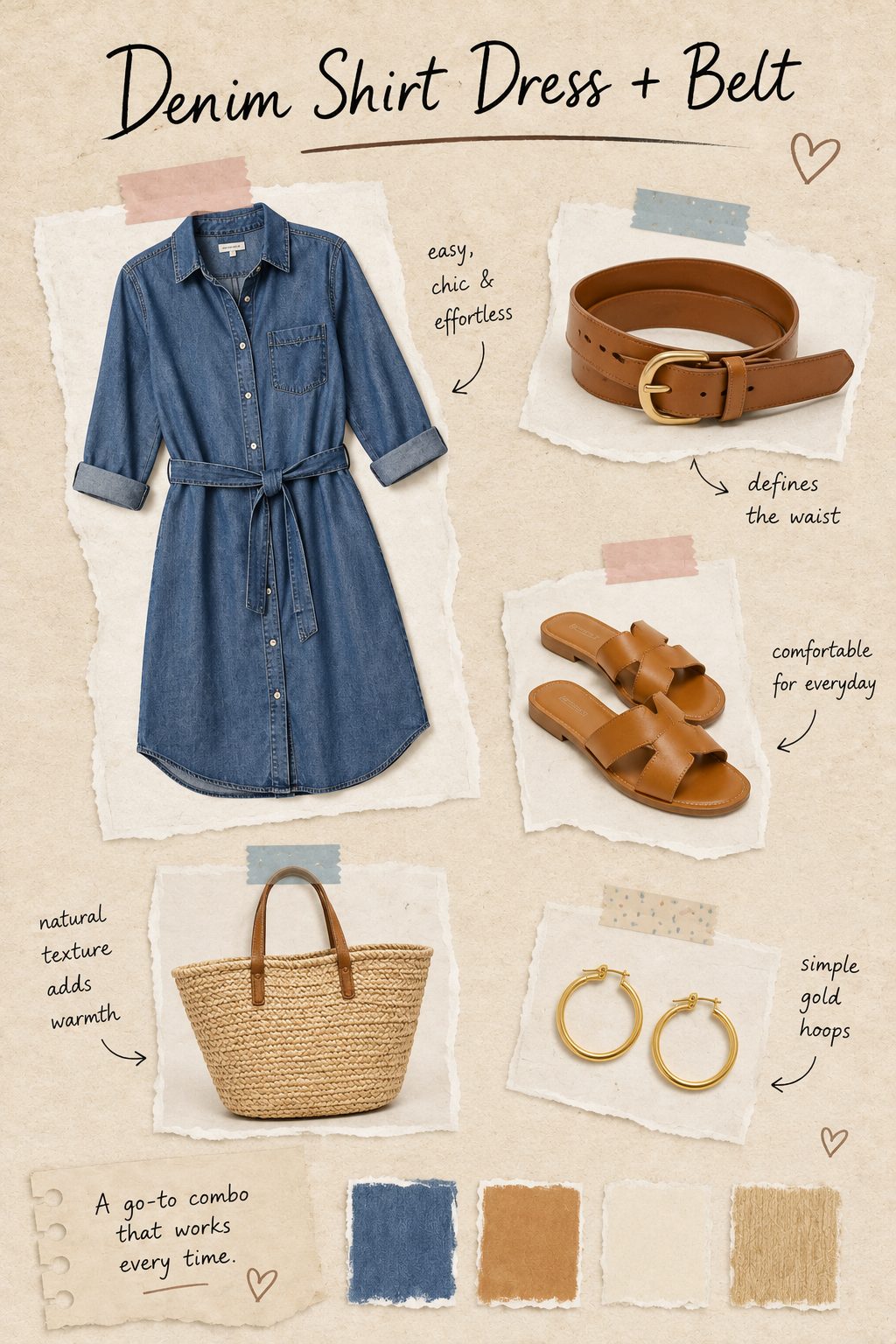 Denim shirt dress with a belt scrapbook collage