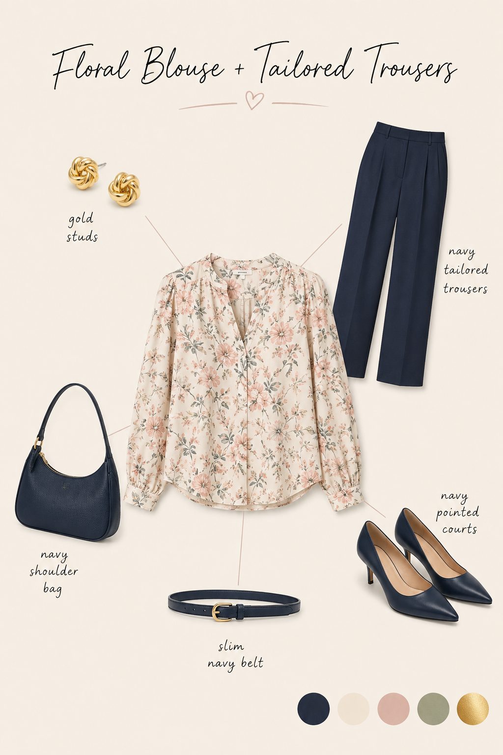 Floral blouse with tailored trousers outfit collage