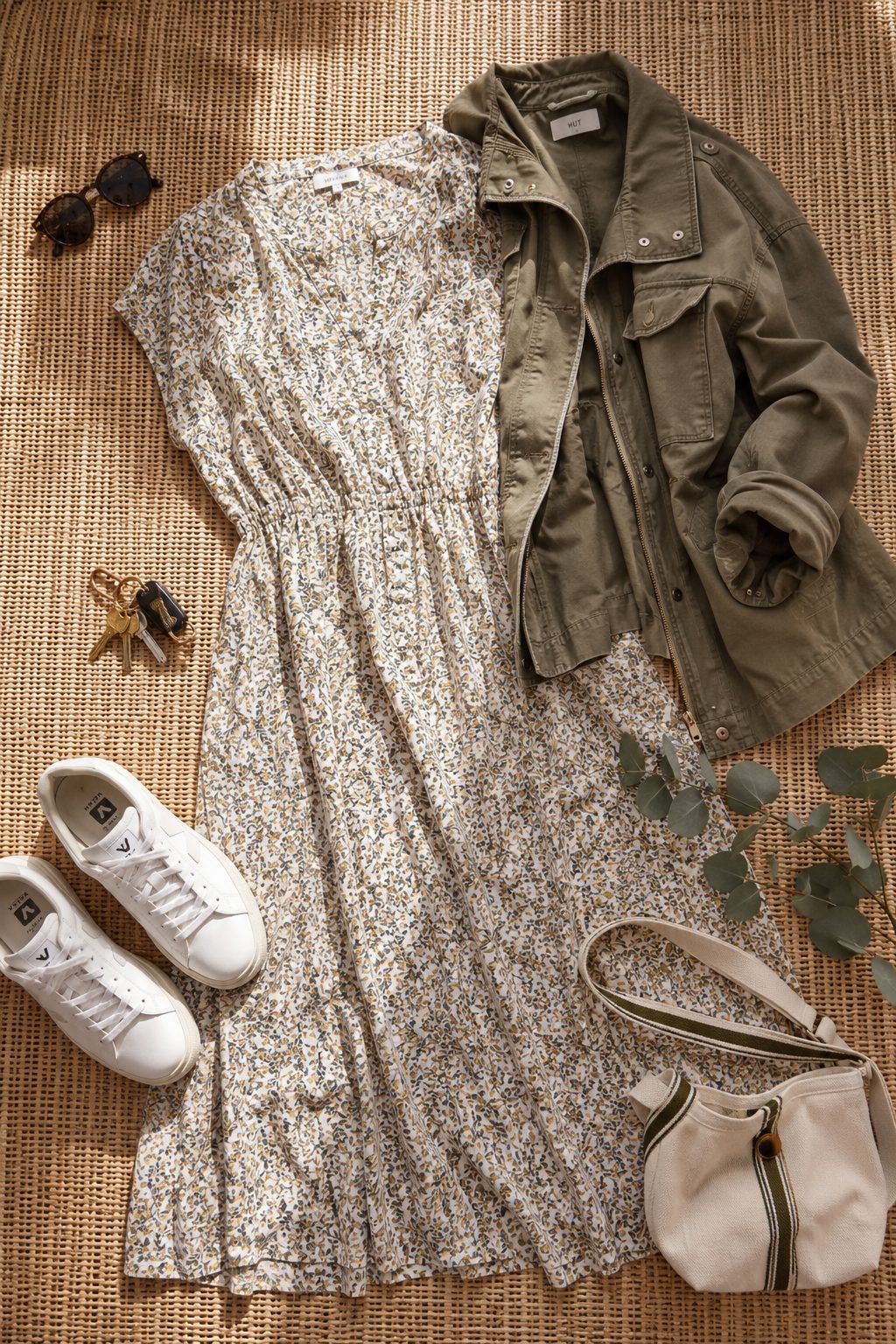 Utility jacket with a printed dress flat lay