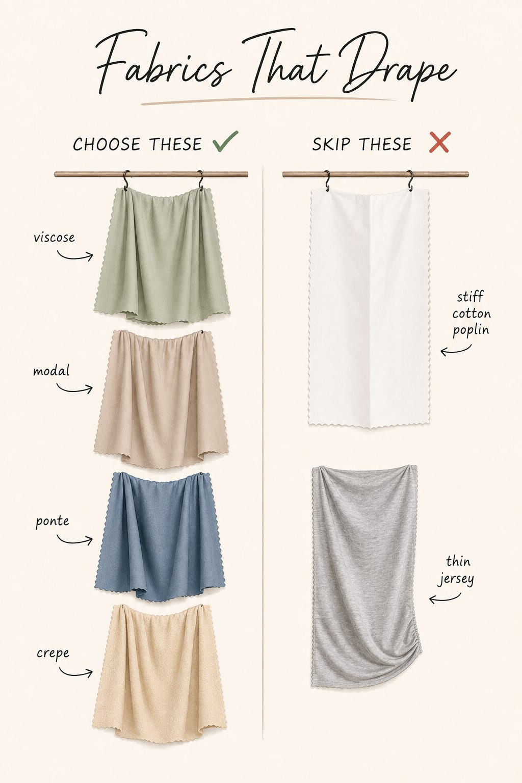 Fabrics that drape: viscose, modal, ponte and crepe