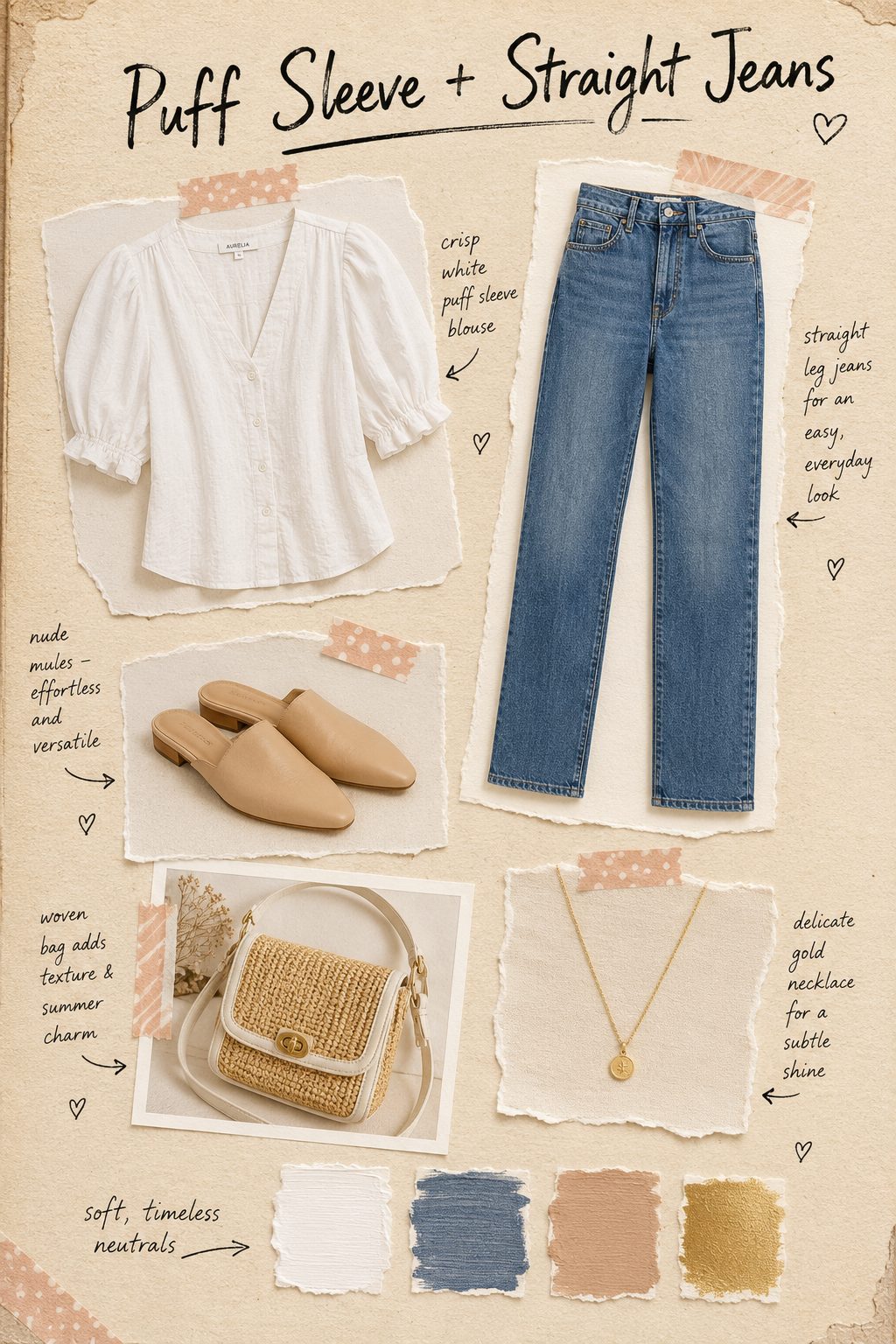 Puff-sleeve top with straight jeans scrapbook collage