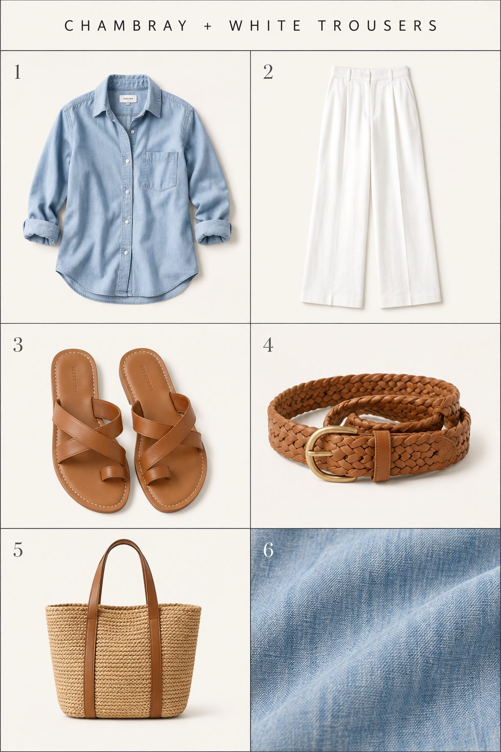 Chambray shirt with white trousers outfit board