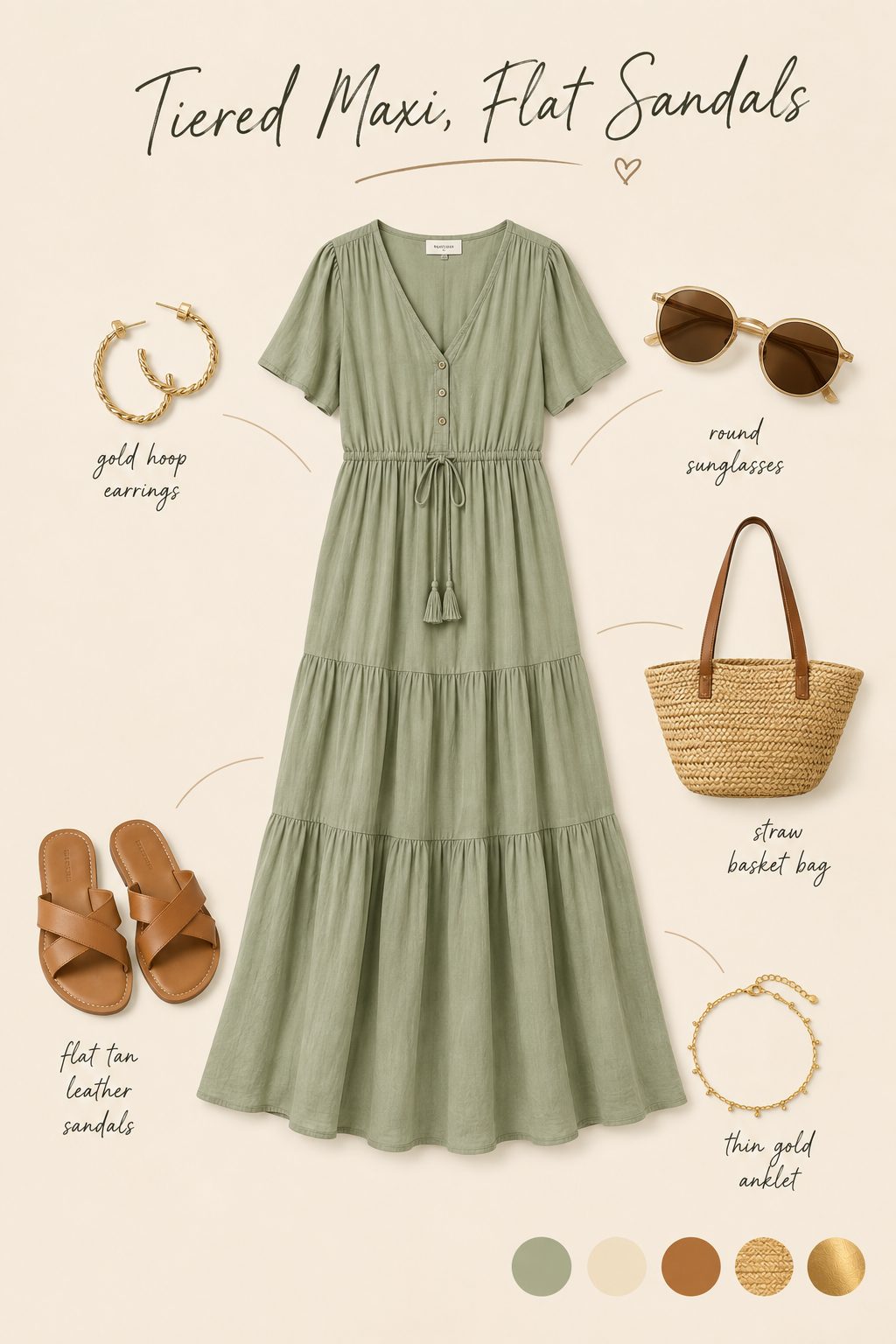 Tiered maxi dress with flat sandals outfit collage