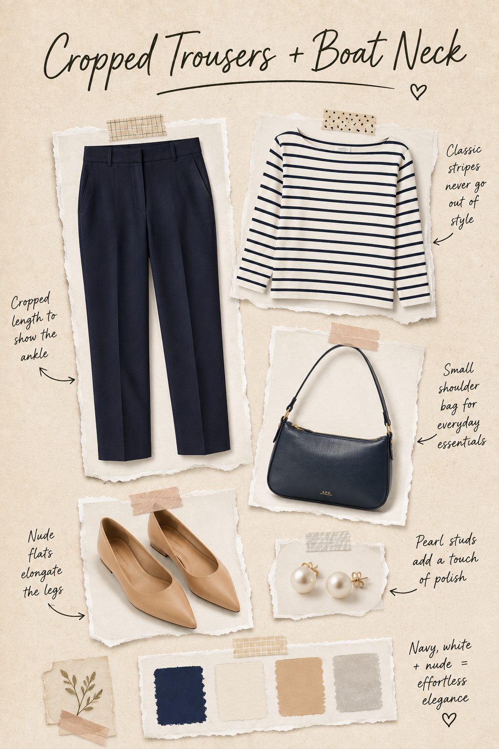 Cropped trousers with a boat-neck top scrapbook collage