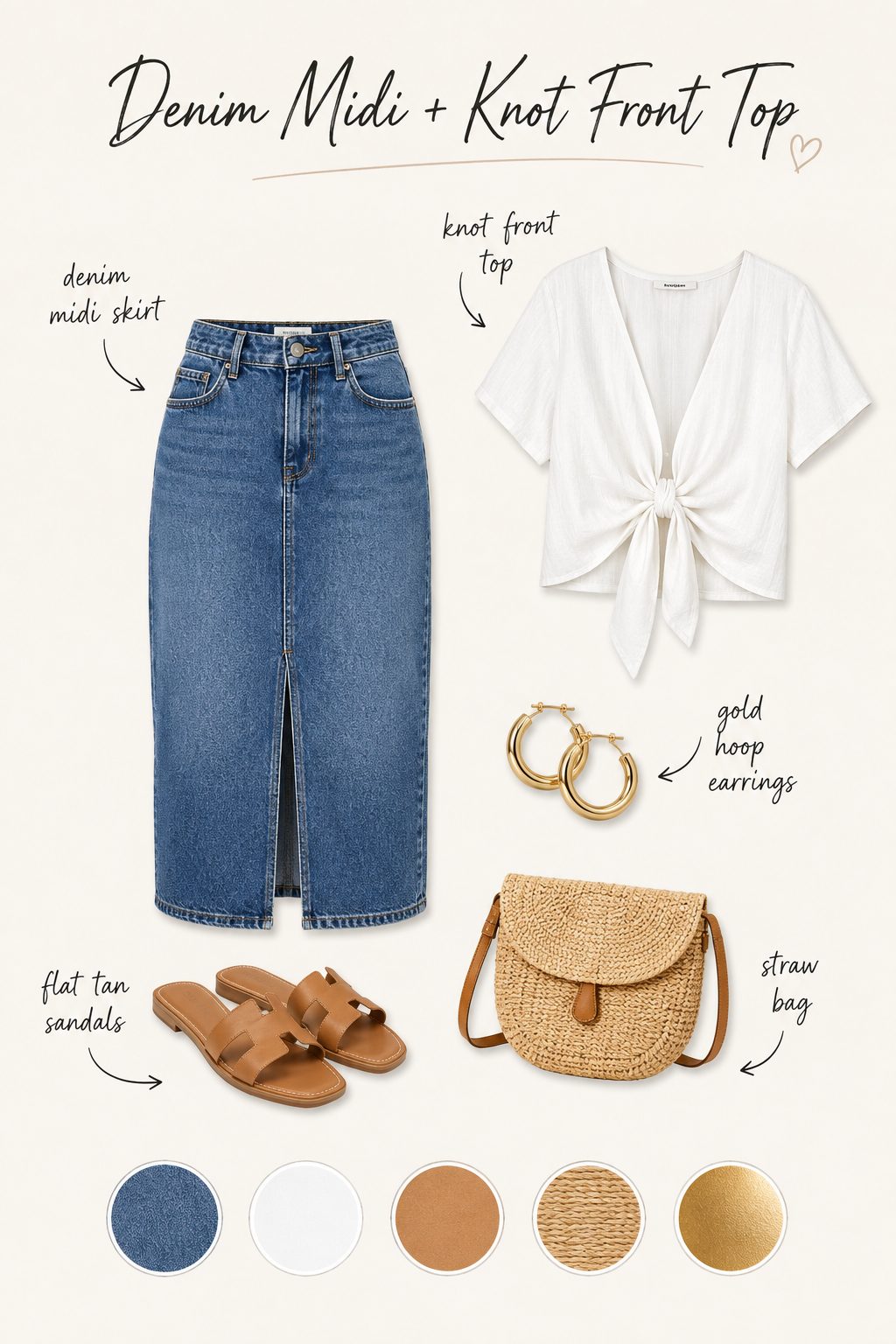 Denim midi skirt with a knot-front top outfit collage