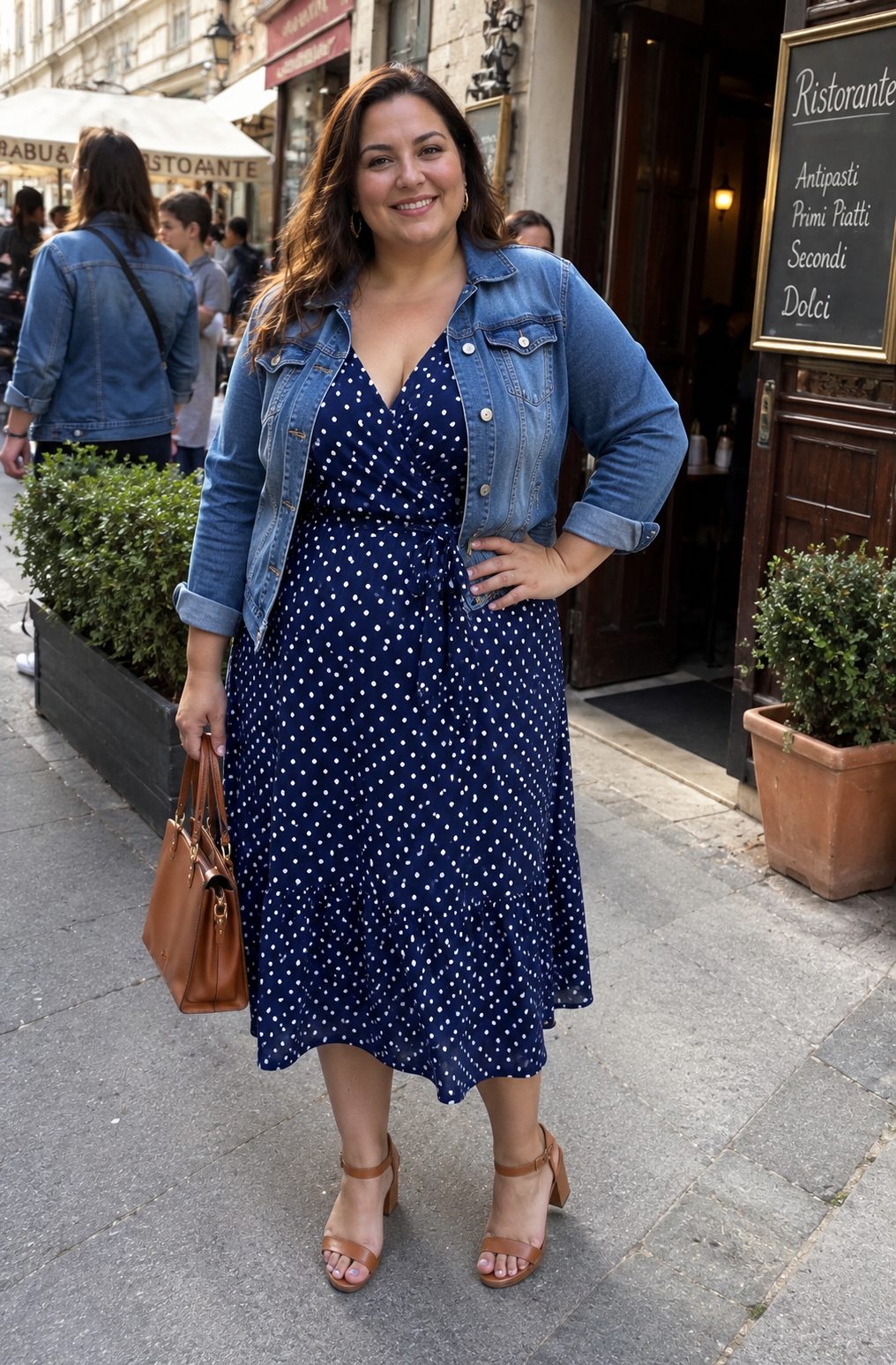 Polka dot dress with a denim jacket