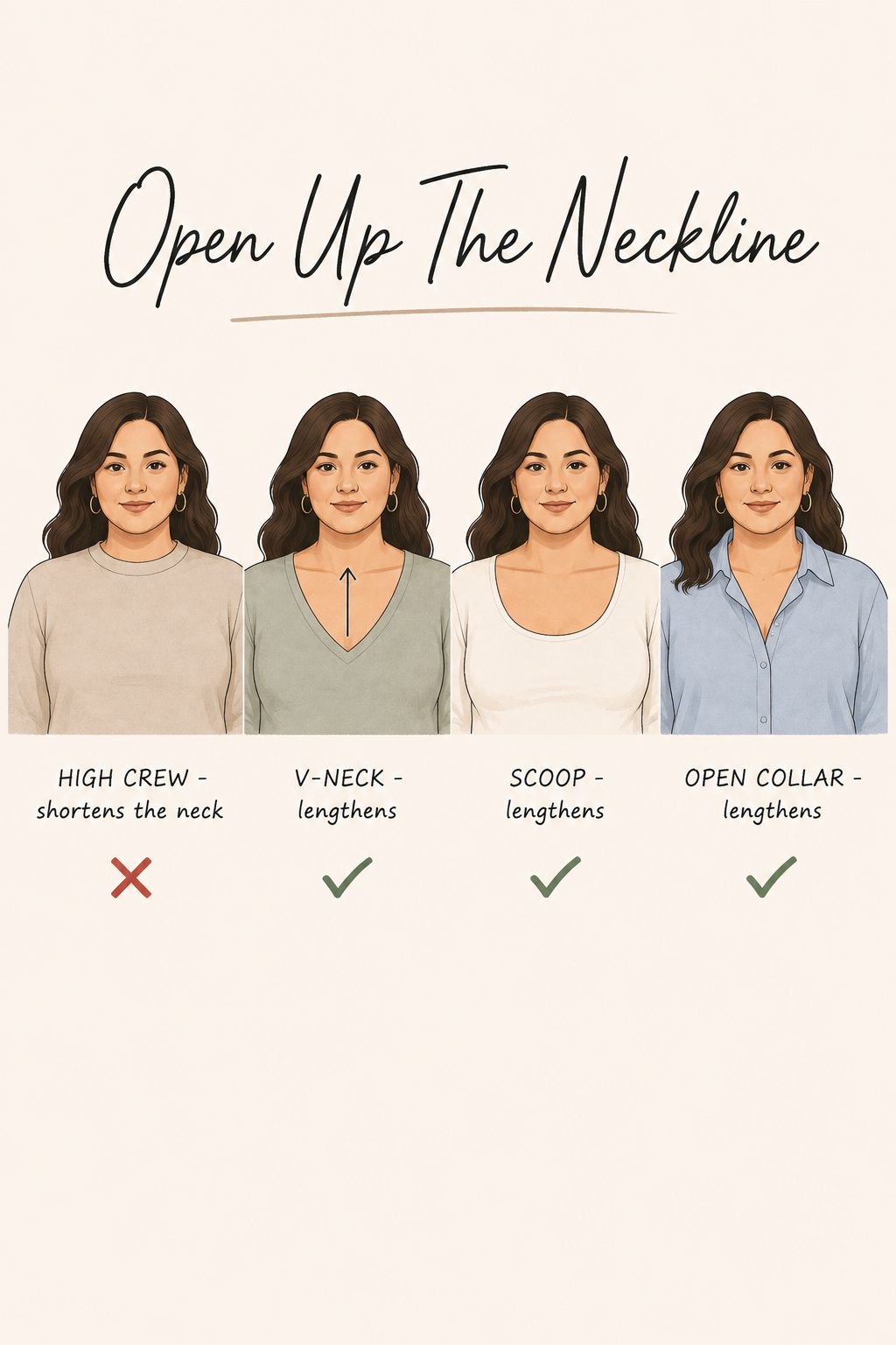 Wear a V-neck or an open collar, not a high round neck