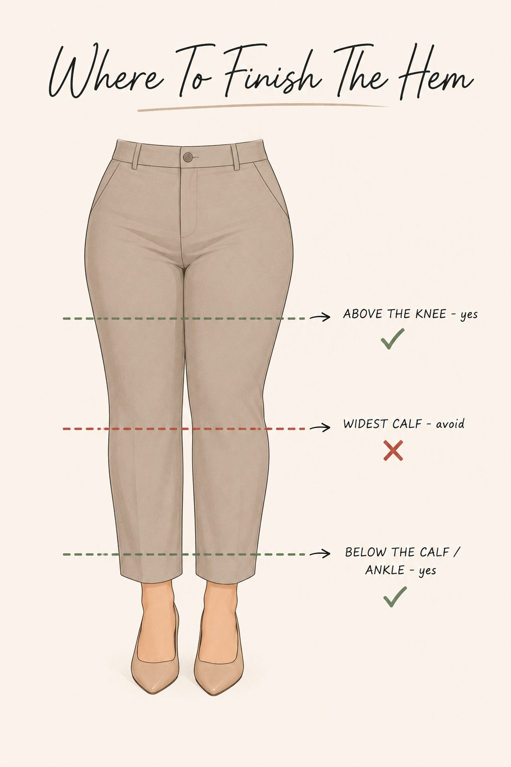 Finish hems above the knee or below the calf