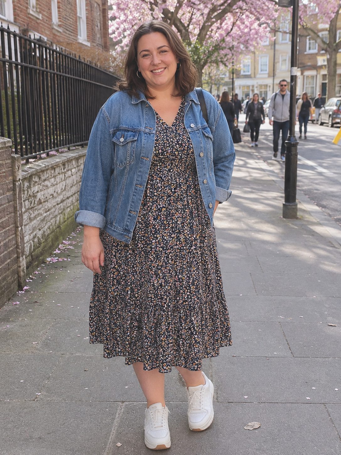 Denim jacket over a floral midi dress