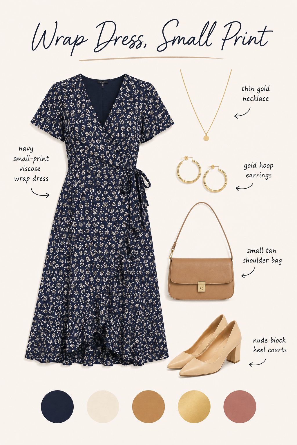 Wrap dress in a small print outfit collage